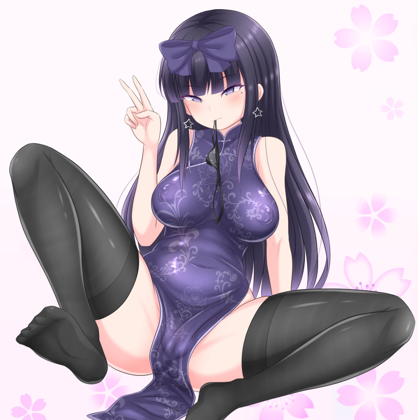 1girl black_hair black_panties black_pantyhose black_thighhighs blush bow breasts cameltoe chicken_tatsumaki_curry china_dress chinese_clothes closed_mouth commentary_request cookie_(touhou) covered_navel covered_nipples dress earrings flower full_body hair_bow highres hime_cut jewelry long_hair looking_at_viewer medium_breasts mouth_hold no_shoes panties panties_in_mouth pantyhose pink_flower purple_bow purple_dress purple_eyes shunga_youkyu sidelocks smile soles solo star_(symbol) star_earrings star_sapphire thighhighs toes touhou underwear v very_long_hair white_background