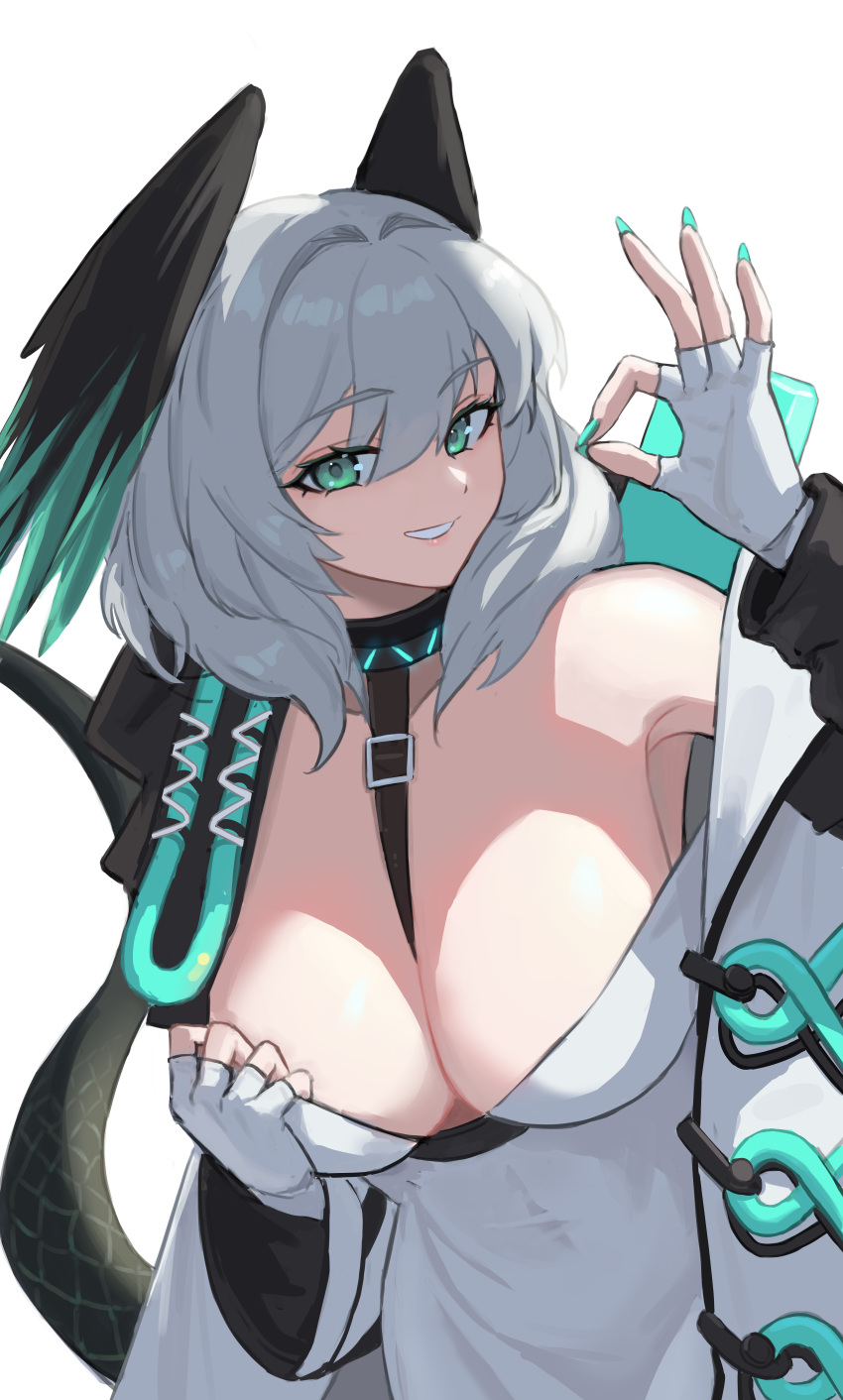 1girl absurdres aqua_nails arknights bare_shoulders commentary_request dress fingerless_gloves gloves green_eyes grey_hair grin head_wings highres ho'olheyak_(arknights) infection_monitor_(arknights) looking_at_viewer nail_polish off_shoulder ok_sign short_hair shortofsugar simple_background smile snake_tail solo tail upper_body white_background white_dress white_gloves wings