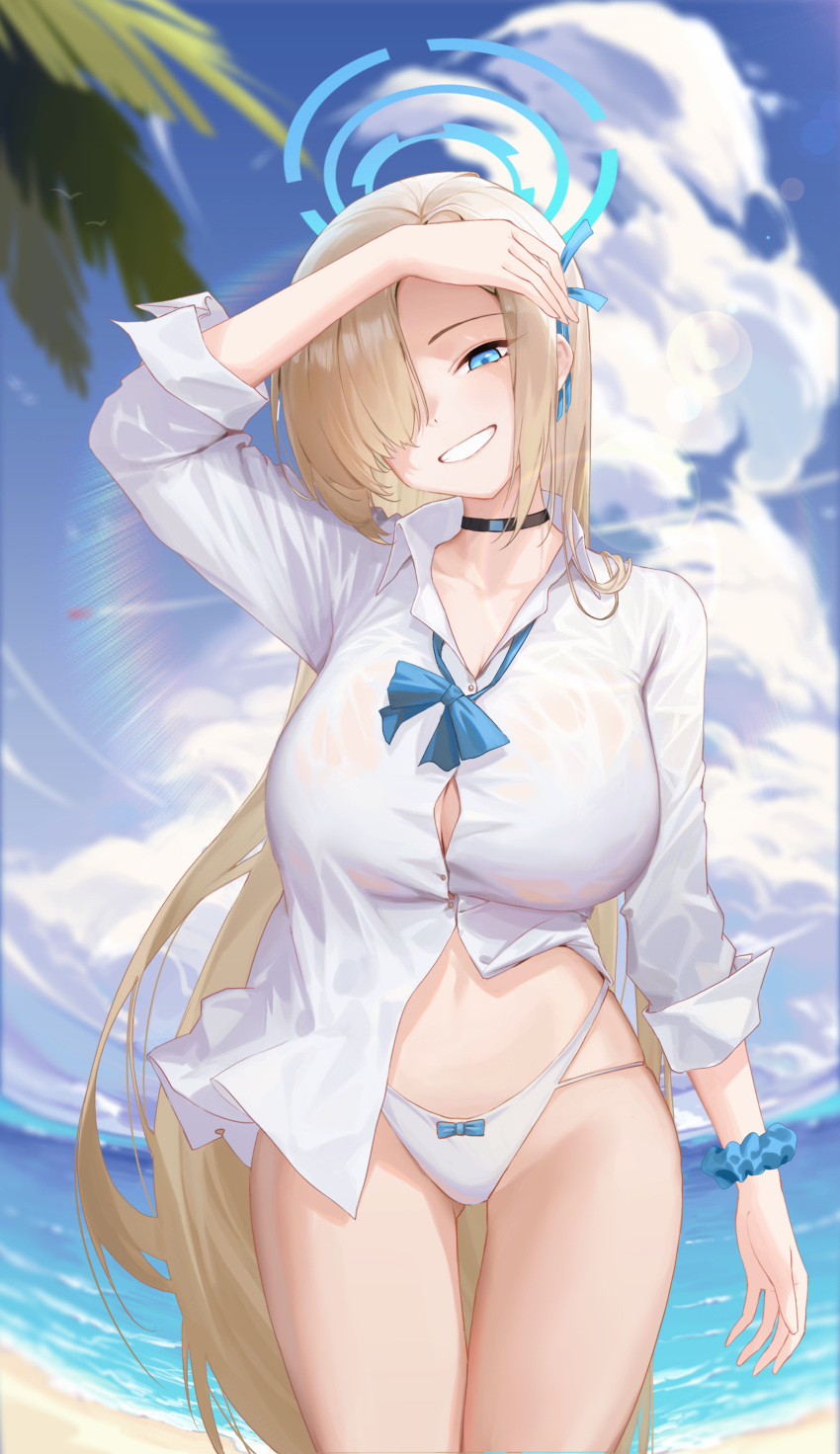 1girl absurdres arm_up asuna_(blue_archive) bare_legs beach black_choker blonde_hair blue_archive blue_bow blue_eyes blue_halo blue_scrunchie blue_sky bow bow_panties breasts button_gap choker cleavage cloud collarbone collared_shirt commentary_request day fisheye gmirror1 hair_over_one_eye halo highres large_breasts long_hair looking_at_viewer ocean outdoors panties scrunchie shading_eyes shirt sky sleeves_rolled_up smile solo standing thighs tree underwear white_shirt wrist_scrunchie