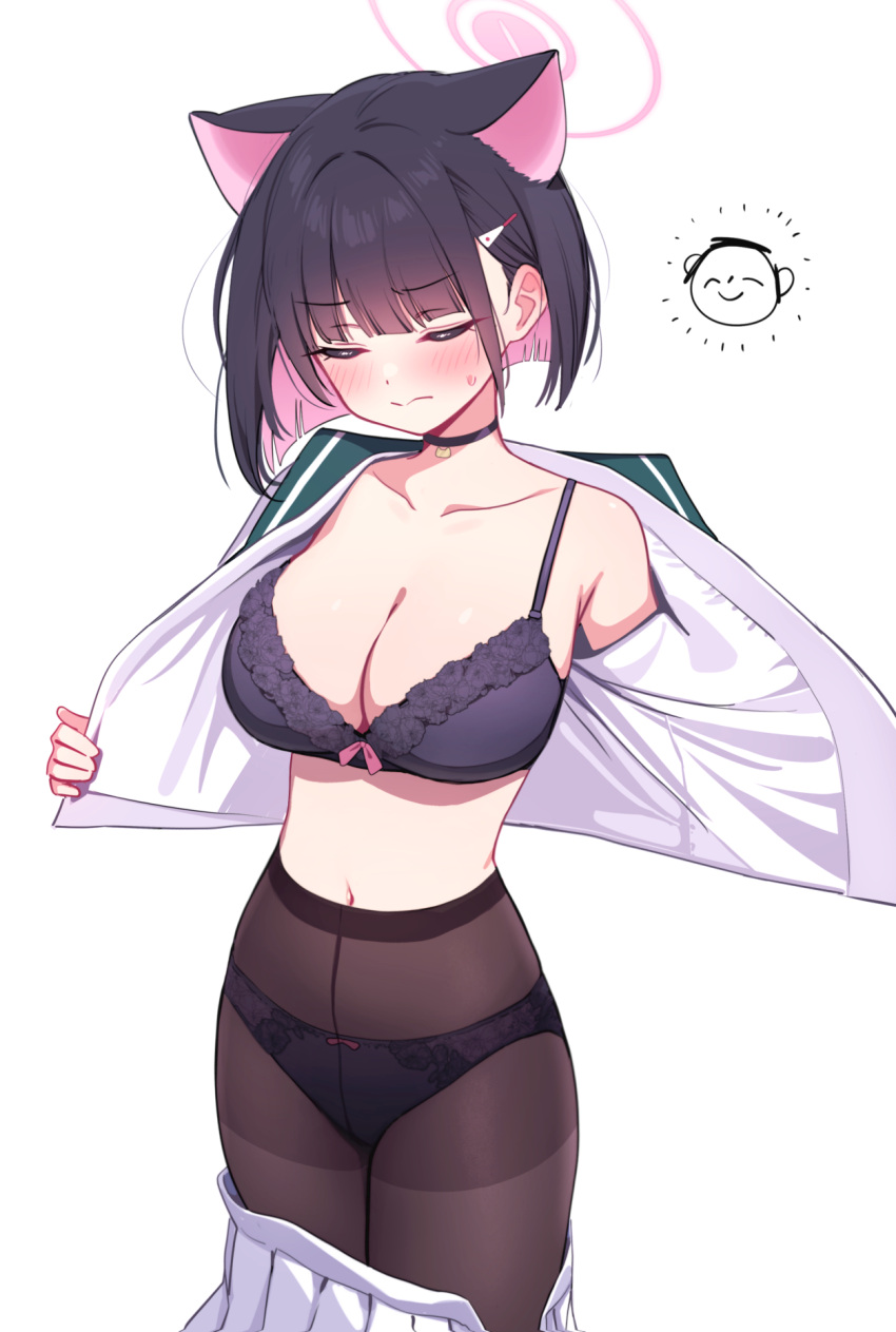 1girl arona's_sensei_doodle_(blue_archive) black_bra black_hair black_panties blue_archive bra breasts brown_pantyhose closed_mouth clothes_pull collarbone colored_inner_hair commentary_request deadnooodles hair_ornament hairclip halo highres kazusa_(blue_archive) large_breasts multicolored_hair navel open_clothes open_shirt panties panties_under_pantyhose pantyhose pink_hair pink_halo school_uniform sensei_(blue_archive) short_hair simple_background skirt skirt_pull standing underwear white_background white_skirt