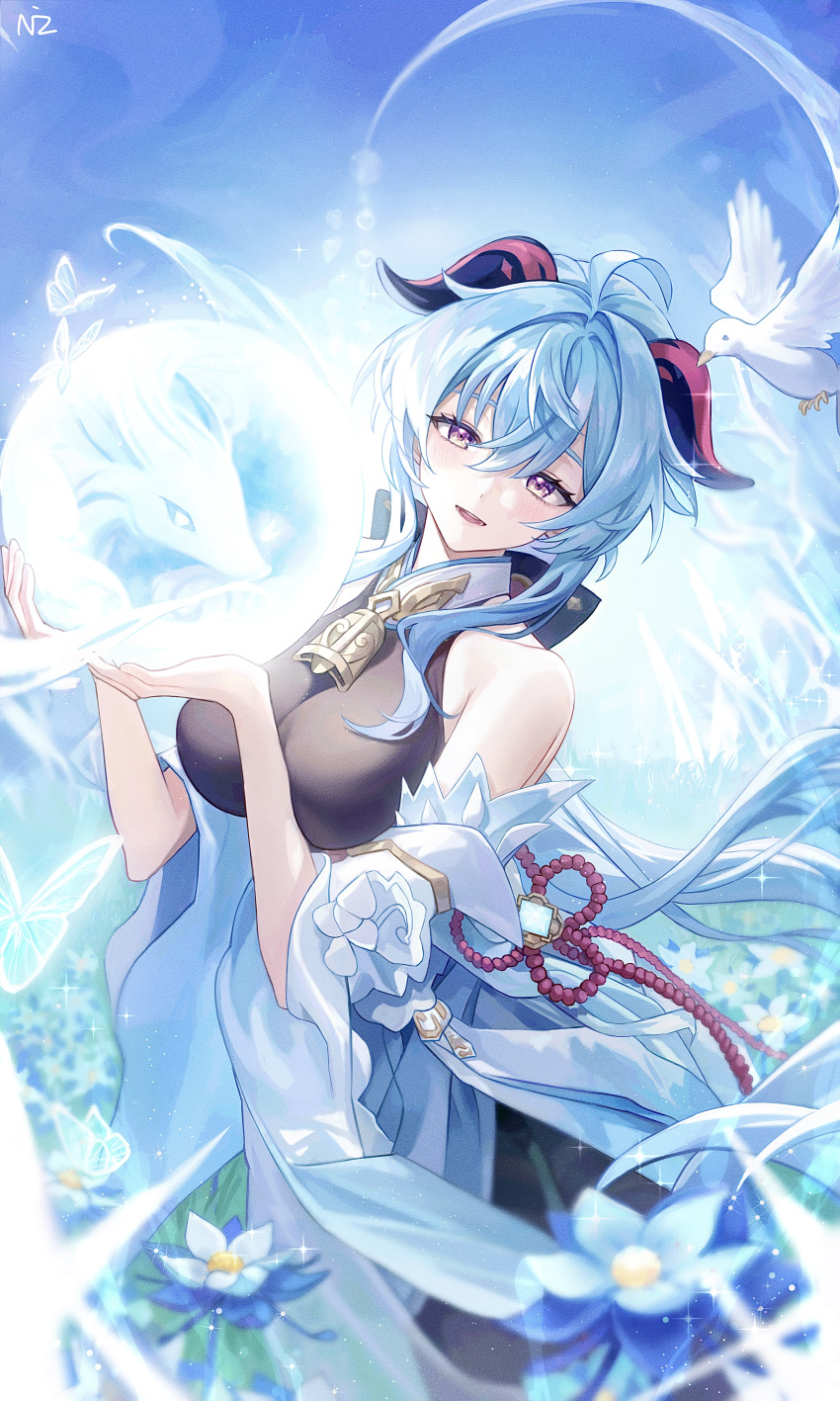 1girl absurdres ahoge alternate_costume bare_shoulders bell blue_flower blue_hair breasts detached_sleeves flower ganyu_(genshin_impact) genshin_impact glaze_lily highres horns long_hair looking_at_viewer medium_breasts neck_bell nizway no_gloves open_mouth orb purple_eyes qilin_(mythology) revision sidelocks smile solo tassel vision_(genshin_impact) white_sleeves