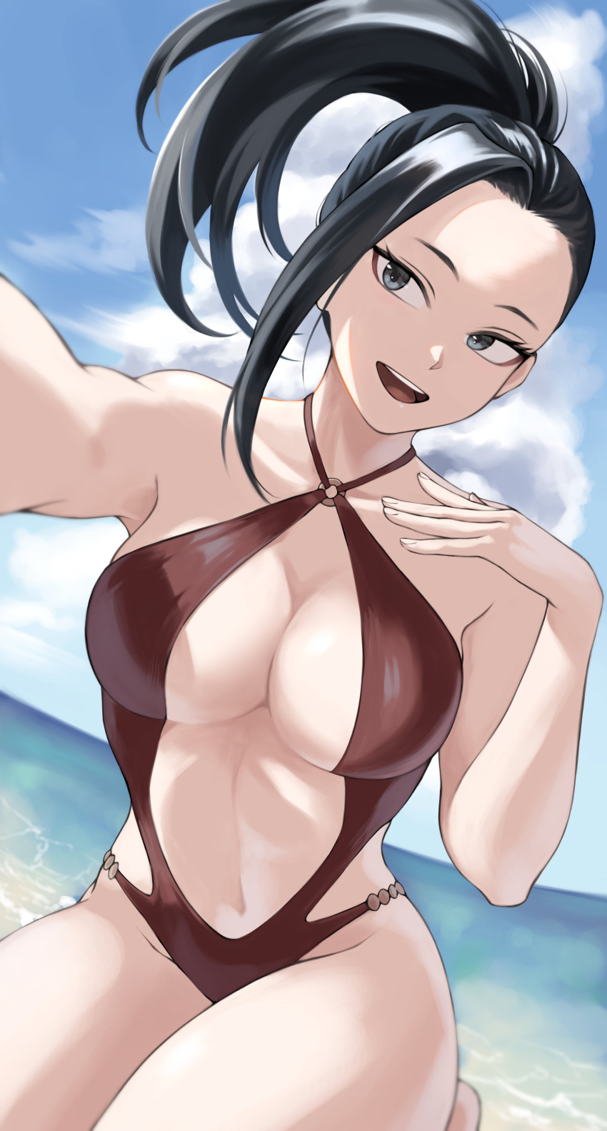 1girl :d absurdres asymmetrical_hair beach black_hair boku_no_hero_academia breasts cleavage cloud collarbone day fengling_(furin-jp) grey_eyes groin hand_up highres kneeling long_hair looking_at_viewer navel o-ring o-ring_swimsuit one-piece_swimsuit open_mouth outstretched_arm ponytail red_one-piece_swimsuit sky smile solo stomach swimsuit thighs yaoyorozu_momo