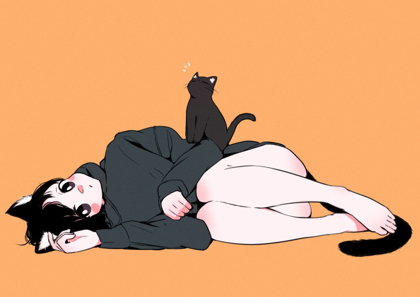 1girl animal_ear_fluff animal_ears bare_legs barefoot black_cat black_eyes black_hair blush blush_stickers bottomless cat cat_ears cat_girl cat_on_person cat_tail convenient_leg emphasis_lines feet full_body grey_hoodie highres hood hoodie knees_to_chest looking_at_viewer lying megateru nose_blush on_side orange_background original oversized_clothes solo tail toes