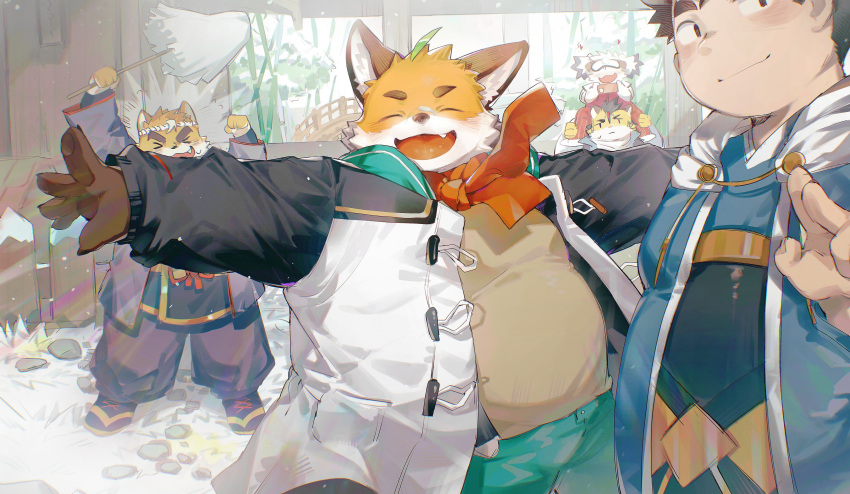 5boys ^_^ absurdres ahoge animal_ears bara blush carrying closed_eyes commentary_request dog_boy dog_ears echigo_(tamacolle) fang fat fox_boy fox_ears furry furry_male hachimaki hand_up hands_up headband highres hitachi_(tamacolle) iyo_(tamacolle) japanese_clothes kurotero looking_at_viewer male_focus multicolored_hair multiple_boys musashi_(tamacolle) nejiri_hachimaki open_mouth outstretched_arms piggyback smile streaked_hair sweatdrop tajima_(tamacolle) tamacolle tiger_boy tiger_ears tiger_stripes winter_clothes