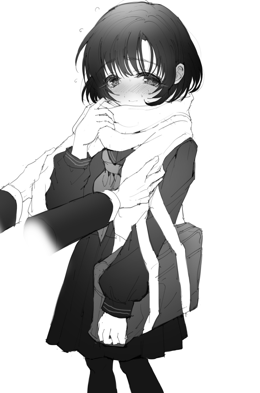 1boy 1girl absurdres adjusting_another's_clothes adjusting_scarf bag blush disembodied_limb flying_sweatdrops greyscale highres idolmaster idolmaster_cinderella_girls long_sleeves monochrome neckerchief nonolee4242564 nose_blush pantyhose producer_(idolmaster) scarf school_bag school_uniform serafuku shiragiku_hotaru simple_background sweatdrop white_background