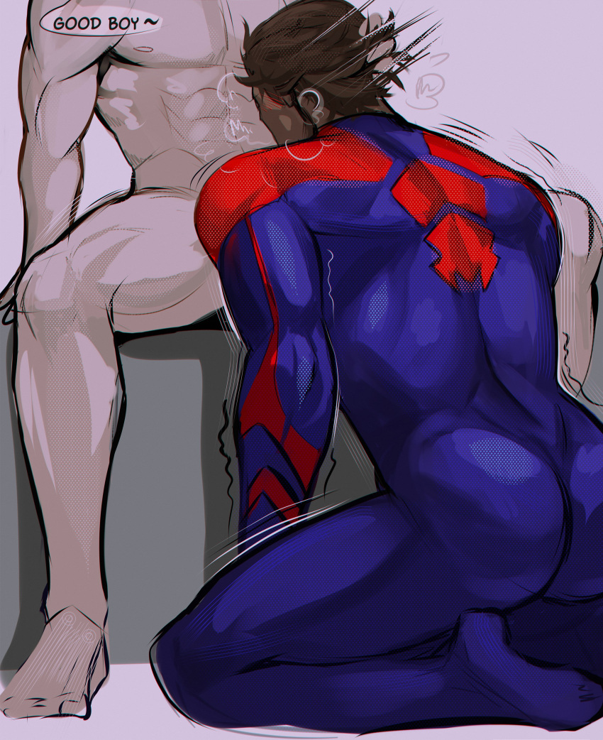 2boys absurdres animal_print ass bara blue_bodysuit blush bodysuit brown_hair dark-skinned_male dark_skin faceless faceless_male from_behind hair_slicked_back hand_in_another's_hair head_out_of_frame heavy_breathing highres implied_fellatio kneeling male_focus marvel miguel_o'hara multiple_boys muscular muscular_male print_bodysuit red_bodysuit skin_tight sofit solo_focus spider-man:_across_the_spider-verse spider-man_(2099) spider-man_(series) spider_print spread_legs trembling two-tone_bodysuit yaoi