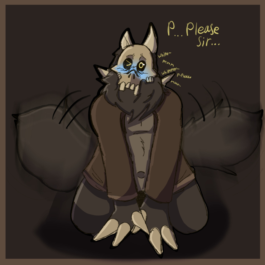 3_fingers anthro begging begging_for_more begging_pose blue_blush blush bone clawed_fingers clothed clothing dialogue digital_media_(artwork) disney english_text father fingers fur hair hi_res hiding_erection horn kneeling male mostly_nude navel neck_tuft nude on_knee papa_titan(the_owl_house) parent pose robe robe_only shaded simple_background sketch skull skull_head solo solo_focus submissive submissive_male tail tail_motion tailwag teeth text the_owl_house titan_(the_owl_house) tuft wagonwacko whimper whining