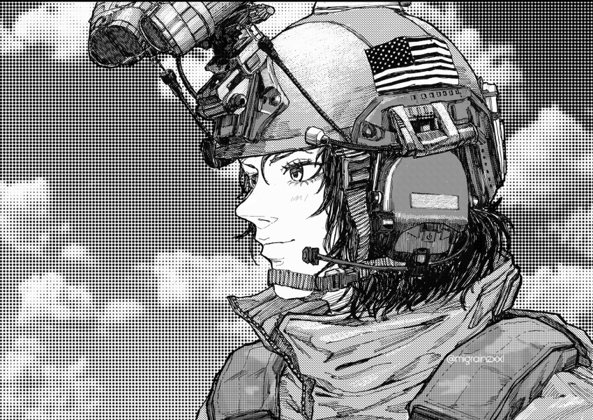 1girl american_flag closed_mouth cloud coat ear_protection english_commentary helmet high_collar highres instagram_username looking_to_the_side migrainxxl night_vision_device original portrait short_hair smile solo twitter_username