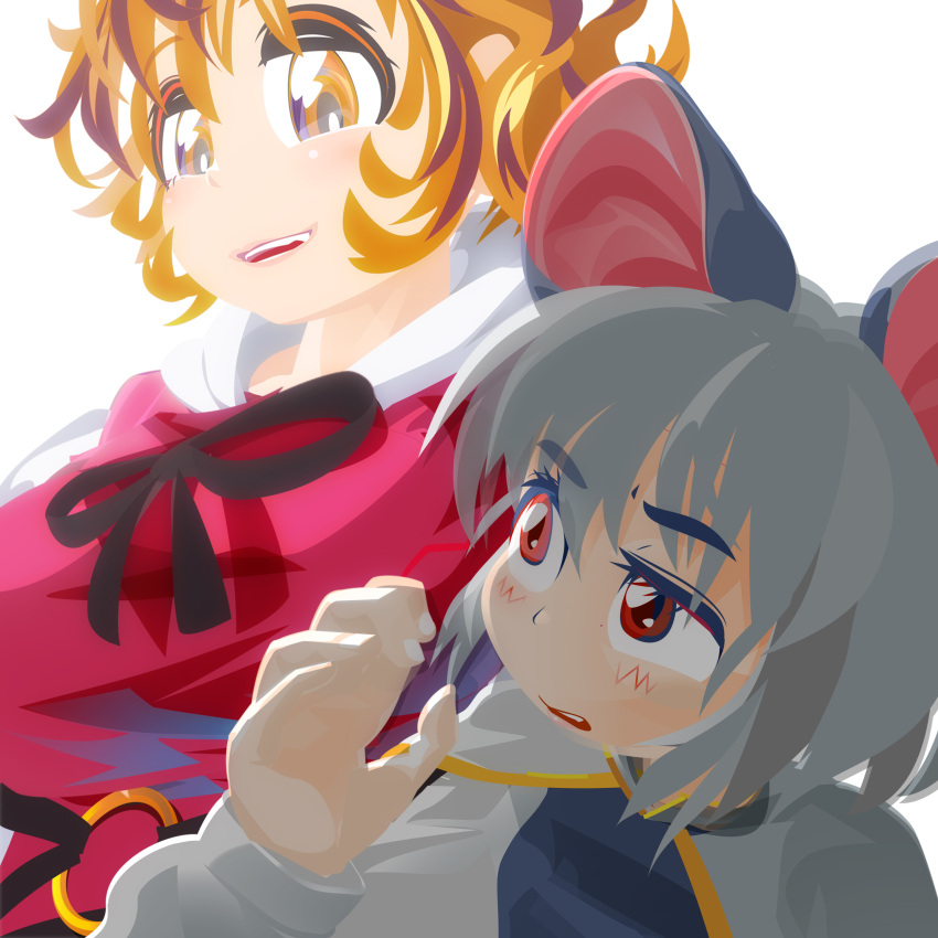 2girls absurdres animal_ears black_ribbon blush breasts brown_hair capelet commentary_request grey_hair grey_vest hair_between_eyes highres large_breasts long_sleeves looking_at_another medium_bangs mouse_ears mouse_girl multicolored_hair multiple_girls nazrin neck_ribbon open_mouth orange_eyes orange_hair red_eyes red_shirt ribbon shirt short_hair simple_background smile streaked_hair toramaru_shou touhou upper_body vest white_background white_capelet white_shirt yukiman