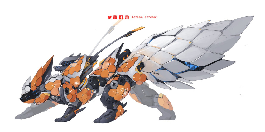 animal_focus artist_name blue_eyes closed_mouth commentary english_commentary facebook_logo facebook_username flareon from_side frown highres instagram_logo instagram_username mecha mechanization no_humans pixiv_logo pixiv_username pokemon pokemon_(creature) robot simple_background solo squinting standing twitter_logo twitter_username white_background xezeno