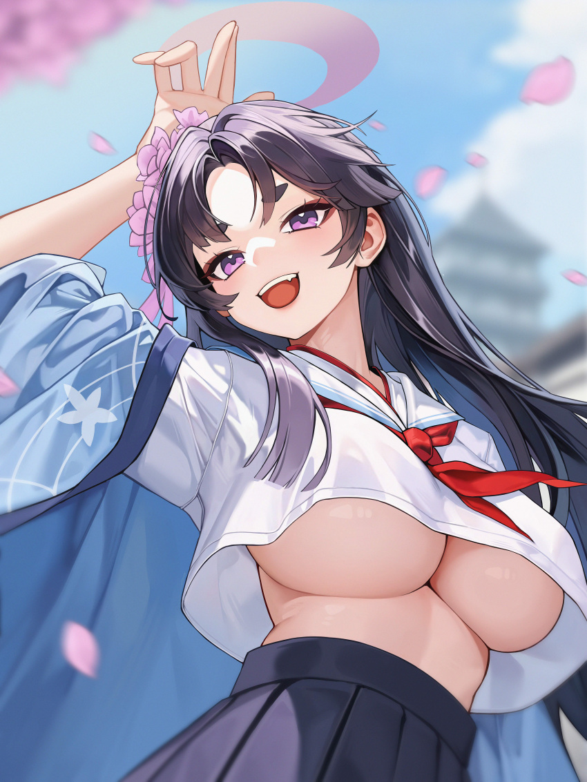 1girl absurdres black_skirt blue_archive breasts commentary fang flower hair_flower hair_ornament halo haori highres japanese_clothes large_breasts long_hair neckerchief open_mouth pleated_skirt pool_(lautomaton) purple_eyes purple_hair purple_halo red_neckerchief sailor_collar school_uniform serafuku skirt smile solo underboob upper_body white_sailor_collar yukari_(blue_archive)
