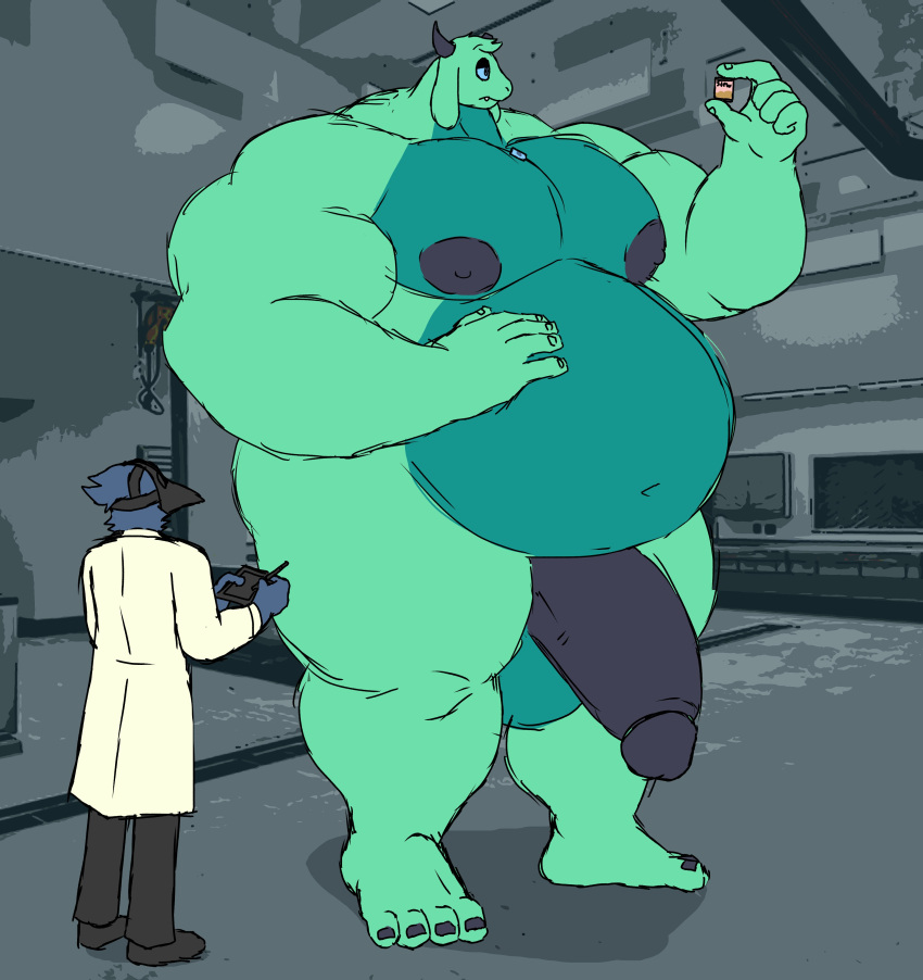 absurd_res anthro avian balls big_balls big_muscles big_pecs big_penis bird black_nipples black_penis blue_eyes body_size_growth bovid caprine duo fur genitals goat green_body green_fur growth hand_on_stomach hi_res huge_balls huge_muscles huge_penis hyper hyper_muscles larger_male male mammal multicolored_body multicolored_fur muscle_growth musclegut muscular muscular_anthro muscular_arms muscular_legs muscular_male muscular_thighs navel nipples parttimeyeen_(artist) pecs penis size_difference size_transformation smaller_male transformation