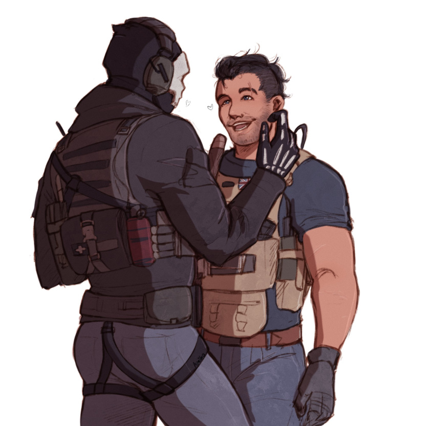 2boys amikoroyai around_crotch ass bara beard_stubble bulletproof_vest call_of_duty call_of_duty:_modern_warfare_2 couple crotch_strap dark-skinned_male dark_skin eyebrow_cut feet_out_of_frame flirting ghost_(modern_warfare_2) hand_on_another's_cheek hand_on_another's_face headphones highres male_focus mask mature_male multiple_boys muscular muscular_male mustache_stubble short_hair sideburns skull_mask soap_(modern_warfare_2) standing white_background yaoi