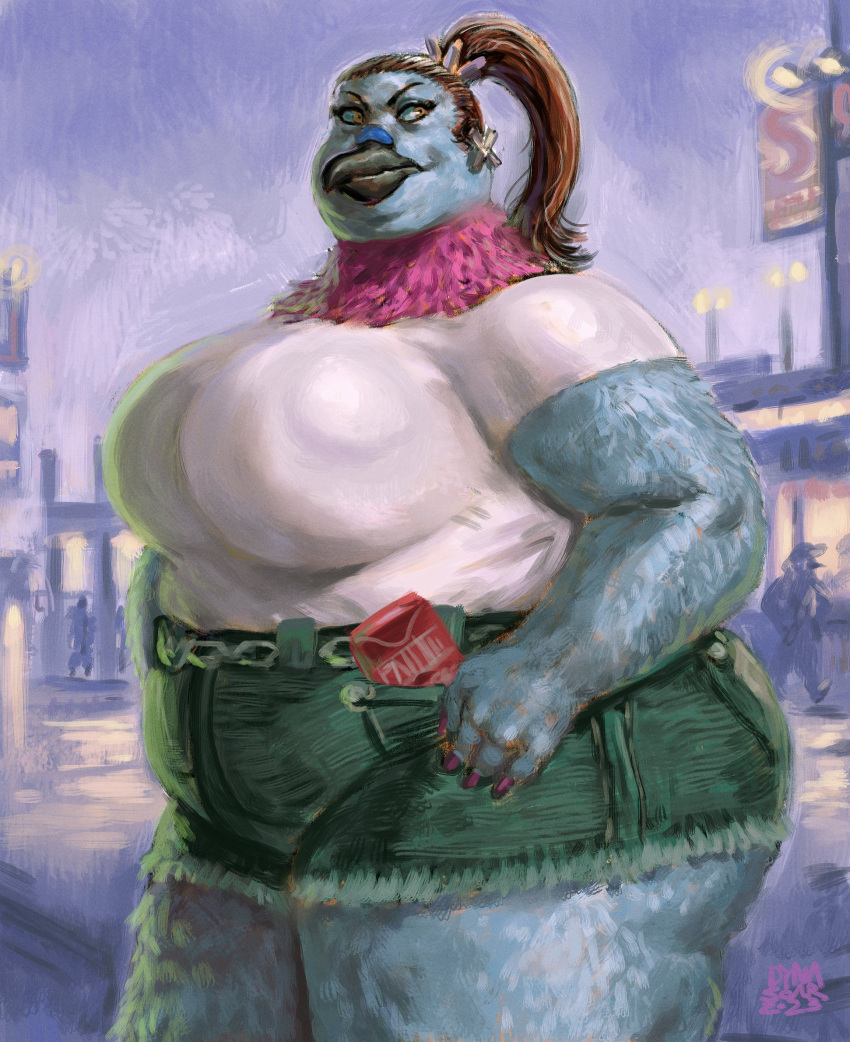 2023 anthro avian background_signs beak big_breasts big_butt bird black_beak blue_body blue_feathers blue_markings bottomwear breasts brown_hair butt chain_belt cigarette_box clothed clothing columbid cutoffs denim denim_clothing dusk dyna_soar ear_piercing ear_ring eyebrows eyelashes feathers female gas_station grey_body grey_feathers hair hand_on_hip hi_res impressionist_background jess_(character) magenta_feathers markings nails neck_tuft outside overweight overweight_female piercing pigeon pink_body pink_feathers ponytail portrait purple_background ring_piercing shirt shorts sign signature simple_background solo street street_lamp t-shirt thick_thighs three-quarter_portrait topwear truck_stop tuft white_clothing white_shirt white_t-shirt white_topwear yellow_eyes