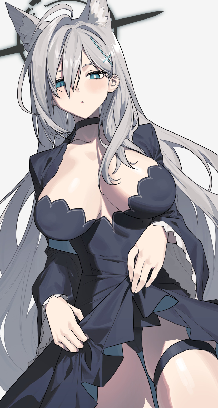 1girl absurdres ahoge airseal animal_ears black_choker black_dress black_panties blue_archive blue_eyes breasts cameltoe choker cleavage clothes_lift collarbone covered_nipples cowboy_shot dress dress_lift extra_ears grey_background grey_hair halo highres large_breasts lifted_by_self long_hair long_sleeves looking_at_viewer mismatched_pupils panties parted_lips shiroko_(blue_archive) shiroko_(terror)_(blue_archive) simple_background solo thigh_strap underwear upskirt very_long_hair wolf_ears