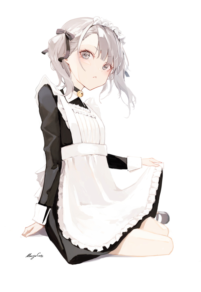 1girl :&lt; absurdres apron bell black_bow black_dress black_footwear bow closed_mouth collared_dress commentary dress full_body grey_eyes grey_hair hair_bow highres jingle_bell long_sleeves maid maid_apron maid_headdress mayogii neck_bell original shadow shoes signature simple_background sitting skirt_hold solo symbol-only_commentary twintails white_apron white_background yokozuwari