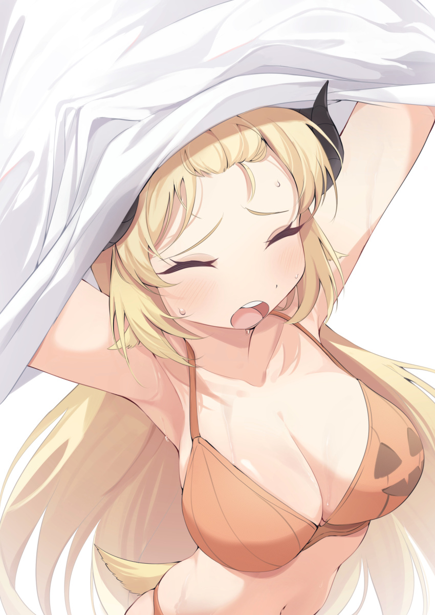 1girl absurdres alternate_costume armpits arms_up bikini black_horns blonde_hair blush breasts cleavage closed_eyes collarbone commentary eat_some_cookie english_commentary halloween highres hololive horns large_breasts long_hair navel open_mouth orange_bikini round_teeth sheep_horns solo swimsuit tail teeth tsunomaki_watame upper_teeth_only virtual_youtuber