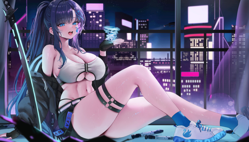 1girl absurdres bare_shoulders black_jacket black_shorts blue_eyes blue_hair blue_socks blush breasts cleavage commission full_body gompang_11 highres jacket large_breasts long_hair looking_at_viewer navel night off_shoulder open_clothes open_jacket open_mouth original ponytail shoes short_shorts shorts sidelocks sitting sneakers socks solo sword thigh_strap thighs weapon