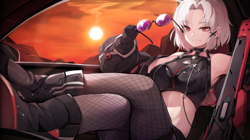 1girl absurdres armpits bare_shoulders black_choker black_footwear black_gloves black_jacket black_shirt boots breast_zipper breasts brown_pantyhose choker closed_mouth crop_top crossed_legs ddangbi drake_(nikke) drake_(villain_racer)_(nikke) eyewear_removed fishnet_pantyhose fishnets gloves goddess_of_victory:_nikke highres holding jacket legs_up long_sleeves looking_at_viewer medium_breasts midriff navel off_shoulder official_alternate_costume outstretched_arms pantyhose parted_bangs puffy_long_sleeves puffy_sleeves red_eyes round_eyewear shirt short_hair sleeveless sleeveless_shirt smile solo stomach sun sunglasses sunlight tinted_eyewear white_hair