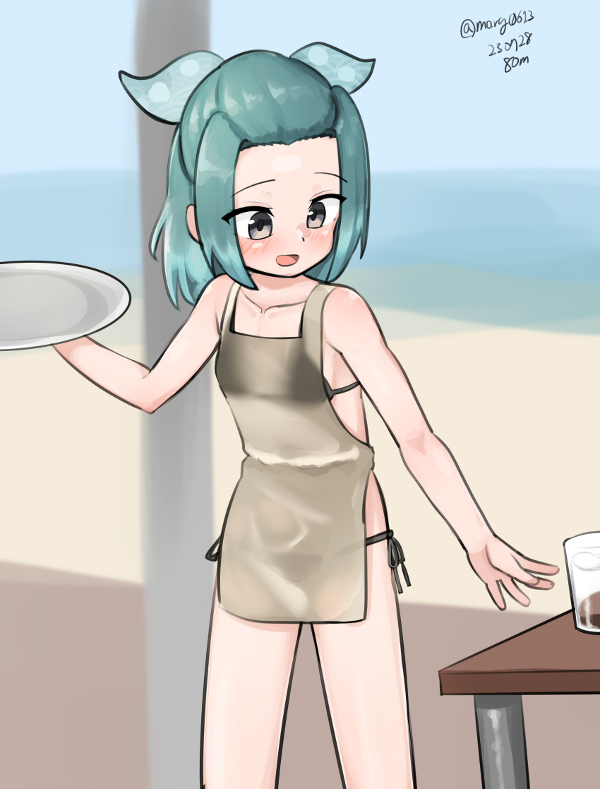 1girl absurdres apron aqua_ribbon beach bikini black_bikini feet_out_of_frame forehead glass gradient_hair green_eyes green_hair hair_ribbon half_updo highres horizon kantai_collection maru_(marg0613) medium_hair multicolored_hair nearly_naked_apron ocean one-hour_drawing_challenge polka_dot polka_dot_ribbon ribbon see-through_apron side-tie_bikini_bottom solo string_bikini suzunami_(kancolle) swimsuit table tray white_apron