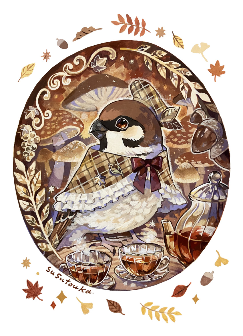 absurdres acorn acrylic_gouache_(medium) acrylic_paint_(medium) animal animal_focus autumn autumn_leaves bird bow bowtie brown_eyes brown_headwear brown_theme closed_mouth clothed_animal commentary_request cup english_commentary eurasian_tree_sparrow fly_agaric full_body glass_plate glass_teacup glass_teapot gouache_(medium) highres kettle looking_to_the_side mushroom no_humans original painting_(medium) plaid red_bow red_bowtie smile solo sparrow standing susutouka tea teacup teapot traditional_media