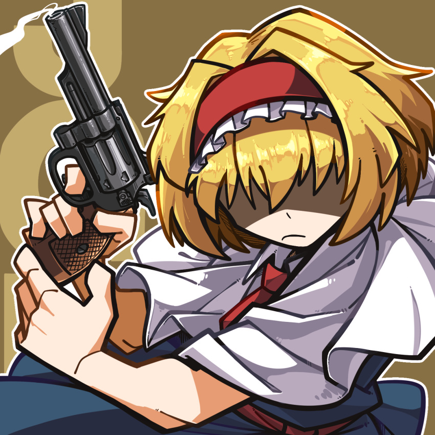 1girl alice_margatroid amerika_zarigani blonde_hair blue_dress brown_background capelet character_name closed_mouth commentary_request cookie_(touhou) cowboy_shot dress frilled_hairband frills frown gun hair_between_eyes hair_intakes hair_over_eyes hairband handgun highres holding holding_gun holding_weapon jigen_(cookie) long_bangs necktie outline red_hairband red_necktie red_sash revolver sash short_hair smoke smoking_gun solo touhou weapon white_capelet white_outline