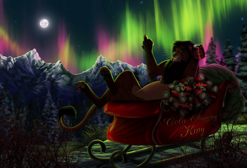 aurora_(phenomenon) berry beverage black_claws black_pawpads brown_body brown_fur brown_mane brown_stripes carnivore claws claws_out cola crater dark_body dark_mane dark_wolf2018 detailed_background dogwood evergreen_tree felid feral flipping_viewer_off food fruit full_moon fur gesture grass hi_res hybrid landscape leaning leaning_back leg_markings liger light lion lying lynxbrush male mammal mane markings middle_finger moon moonlight mountain mountain_range mula_(dark_wolf2018) night on_back pantherine pawpads pine_tree plant purple_mane quadruped snow snow_on_trees socks_(marking) soda soft_drink solo star stripes tree whiskers