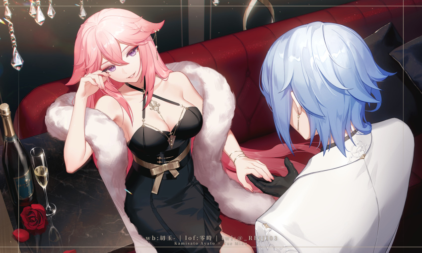 1boy 1girl alternate_costume animal_ears arm_behind_back bare_shoulders black_dress black_gloves blue_hair breasts champagne_bottle cleavage commentary couch crossed_legs cup dress drinking_glass earrings flower formal fox_ears fur_shawl genshin_impact gloves grin hair_between_eyes head_tilt holding_hands jewelry kamisato_ayato large_breasts letterboxed lofter_username long_hair long_sleeves looking_at_another phonograph pillow pink_hair purple_eyes record red_flower red_rose rj_(lingshih10) rose shawl short_hair sitting sleeveless sleeveless_dress smile suit twitter_username weibo_username white_suit yae_miko