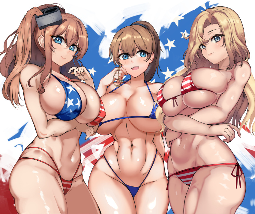 3girls absurdres alternate_costume american_flag_bikini arm_under_breasts arms_under_breasts bikini blonde_hair blue_eyes breasts brown_hair cameltoe cowboy_shot crossed_arms flag_print front-tie_bikini_top front-tie_top green_eyes hair_between_eyes high_side_ponytail highleg highleg_bikini highres hornet_(kancolle) intrepid_(kancolle) kantai_collection large_breasts long_hair medium_hair multi-strapped_bikini_bottom multiple_girls navel nestleo parted_bangs ponytail print_swimsuit saratoga_(kancolle) side-tie_bikini_bottom side_ponytail sidelocks smokestack_hair_ornament standing star_(symbol) star_print striped striped_bikini swimsuit vertical-striped_bikini vertical_stripes