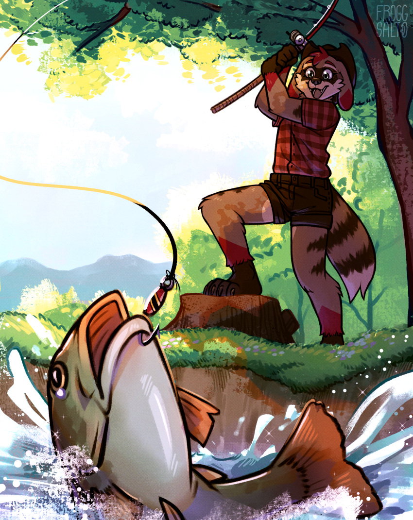 absurd_res anthro bottomwear canid canine clothing cowboy_hat female fish fish_hook fishing fishing_rod flannel_shirt forest forest_background froggsalt hat headgear headwear hi_res hook mammal marine nature nature_background plant procyonid raccoon raccoon_dog river riverside shorts solo solo_focus splash tree