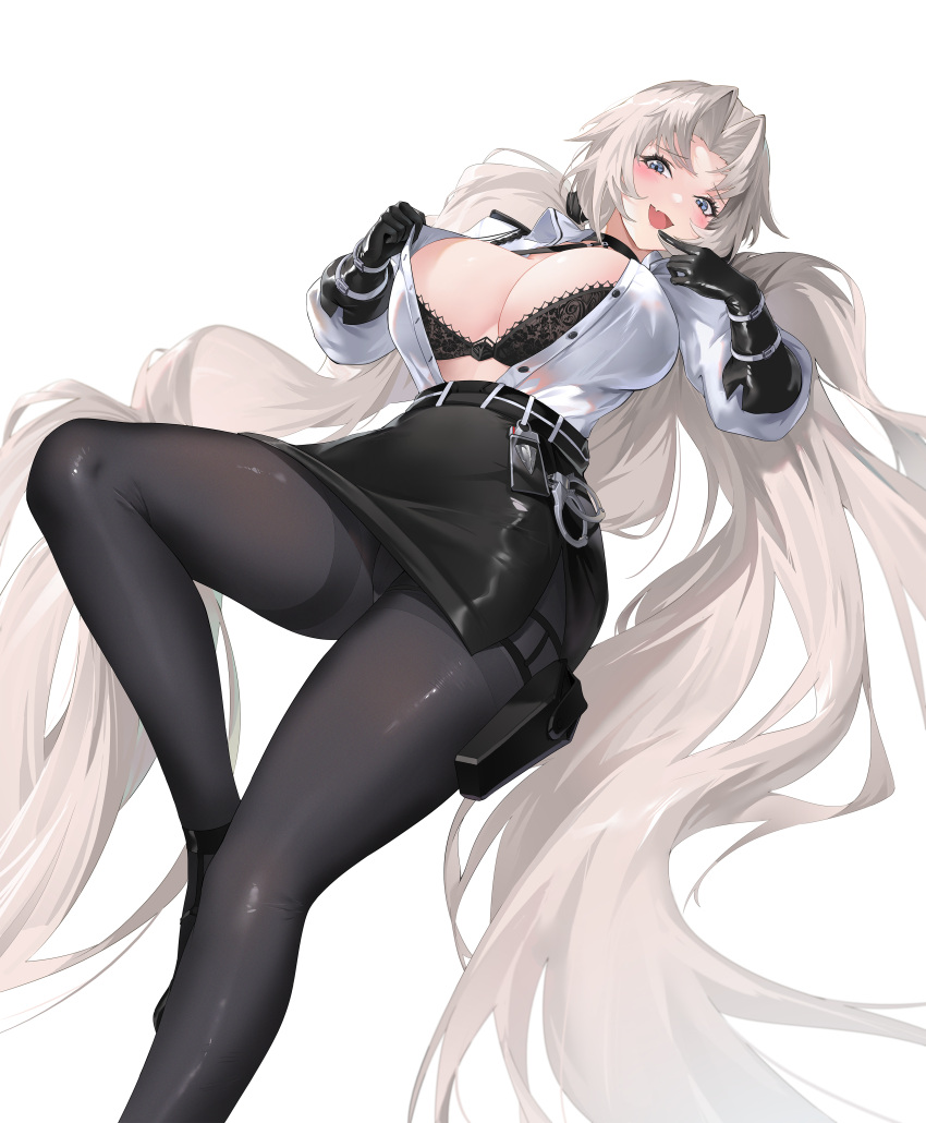 1girl :d absurdly_long_hair absurdres ano_(madoka23) azur_lane belt black_belt black_bra black_choker black_gloves black_pantyhose black_skirt blonde_hair blue_eyes blush bra bra_peek breasts choker cleavage clothes_lift commentary_request cuffs elbow_gloves fang gloves handcuffs high-waist_skirt highres holster kronshtadt_(azur_lane) kronshtadt_(begin_the_rush!)_(azur_lane) large_breasts lifted_by_self long_hair long_sleeves looking_at_viewer official_alternate_costume open_clothes open_mouth open_shirt pantyhose parted_bangs pencil_skirt police_badge shirt shirt_lift sidelocks simple_background skin_fang skindentation skirt smile solo thigh_holster unbuttoned unbuttoned_shirt underwear very_long_hair white_background white_shirt