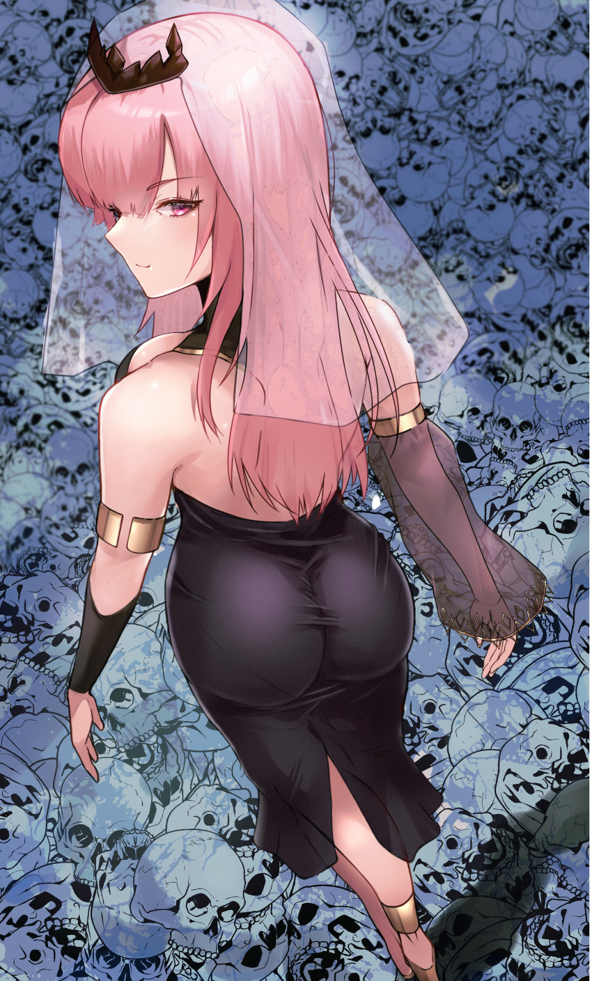 1girl absurdres armlet ass backless_dress backless_outfit bare_shoulders black_dress closed_mouth detached_sleeves dress foreshortening from_behind highres hololive hololive_english long_hair looking_at_viewer mori_calliope pantylines perspective pink_eyes pink_hair see-through see-through_sleeves shadow sideways_mouth single_detached_sleeve skull smile solo standing tiara tight_clothes tight_dress tomo0843 turning_head veil virtual_youtuber