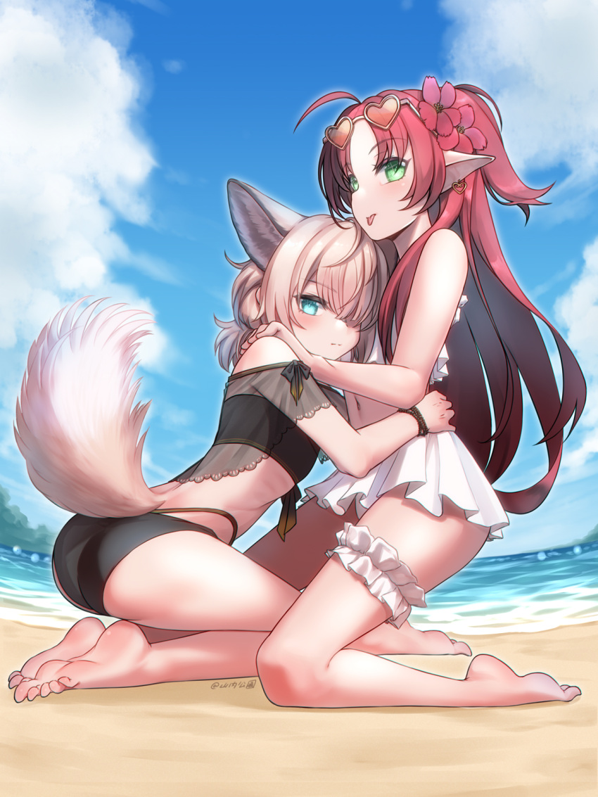 2girls :p ahoge animal_ears arknights ass bare_arms bare_shoulders barefoot beach bikini bikini_skirt black_bikini blue_eyes blue_sky bridal_garter cloud commentary_request day eyewear_on_head feet fox_ears fox_tail from_side green_eyes grey_hair heart heart-shaped_eyewear highres kneeling leg_up legs multiple_girls myrtle_(arknights) myrtle_(summer_flowers)_(arknights) ocean off-shoulder_bikini off_shoulder outdoors pointy_ears red_hair skirt sky soles sunglasses sussurro_(arknights) sussurro_(summer_flower)_(arknights) swimsuit tail thighs toes tongue tongue_out water white_bikini white_skirt yamauchi_(conan-comy)