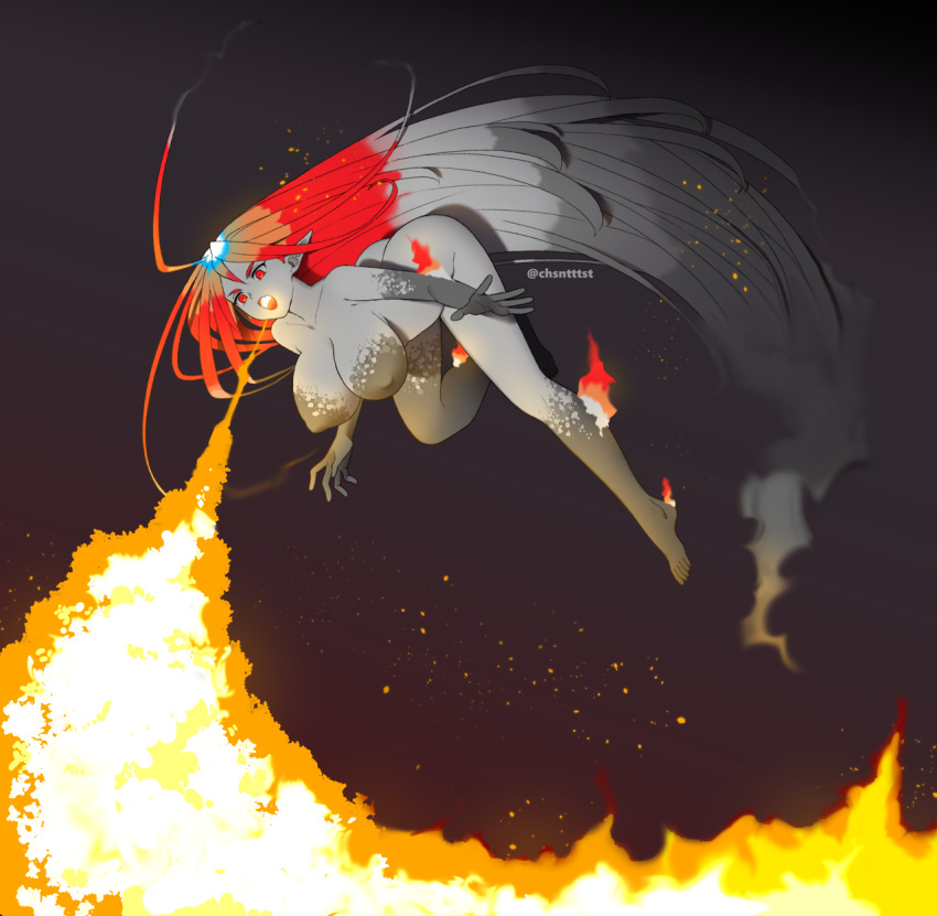 1girl absurdly_long_hair ahoge artist_name barefoot breasts breathing_fire colored_sclera colored_skin colored_tongue completely_nude embers fangs fiery_hair fire full_body grey_hair grey_sclera grey_skin highres kizuta_(barometz) large_breasts long_hair monster_girl nipples nude open_mouth orange_tongue original red_eyes red_hair simple_background smoke solo twitter_username very_long_hair