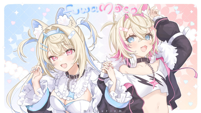 2girls animal_ear_fluff animal_ears belt_collar black_collar black_jacket blonde_hair blue_background blue_eyes blue_hair blue_nails blush border breasts cleavage collar cropped_jacket cropped_shirt dog_ears dog_girl fang fur-trimmed_jacket fur_trim fuwawa_abyssgard hair_ornament hairpin headphones headphones_around_neck highres holding_hands hololive hololive_english jacket large_breasts long_hair looking_at_viewer medium_hair midriff milkuriem mococo_abyssgard multicolored_hair multiple_girls nail_polish navel open_mouth pink_background pink_eyes pink_hair pink_nails shirt siblings sisters skin_fang small_breasts smile streaked_hair twins two-tone_background virtual_youtuber white_border white_shirt x_hair_ornament