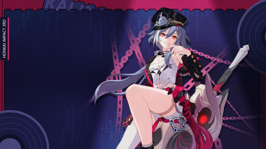 1girl bangs bare_legs bare_shoulders bird black_footwear black_headwear black_jacket breasts chain cleavage cleavage_cutout clothing_cutout english_text eyebrows_hidden_by_hair finger_to_mouth fu_hua fu_hua_(herrscher_of_sentience) grey_hair hat highres honkai_(series) honkai_impact_3rd jacket leggings long_hair long_sleeves looking_to_the_side multicolored_hair official_alternate_costume official_art official_wallpaper open_mouth red_eyes small_breasts smile socks solo streaked_hair weapon white_leggings white_socks yellow_pupils