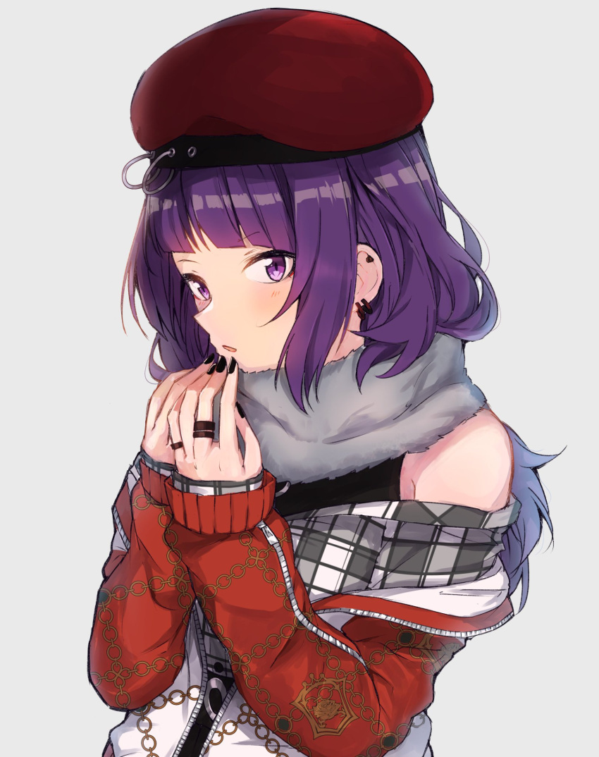 1girl :o bare_shoulders beret black_nails black_shirt blunt_bangs blush chain_print diagonal_bangs ear_piercing earrings enpera fingernails fur_collar grey_background grey_scarf hands_up hanetsuka hat highres idolmaster idolmaster_shiny_colors jacket jewelry long_hair long_sleeves looking_at_viewer multicolored_clothes multicolored_jacket multiple_rings nail_polish off_shoulder open_clothes open_jacket open_mouth own_hands_together parted_lips piercing plaid plaid_shirt purple_eyes purple_hair red_headwear red_jacket ring scarf shirt sidelocks simple_background sleeveless sleeveless_shirt sleeves_past_wrists solo tanaka_mamimi upper_body white_background white_jacket white_shirt zipper