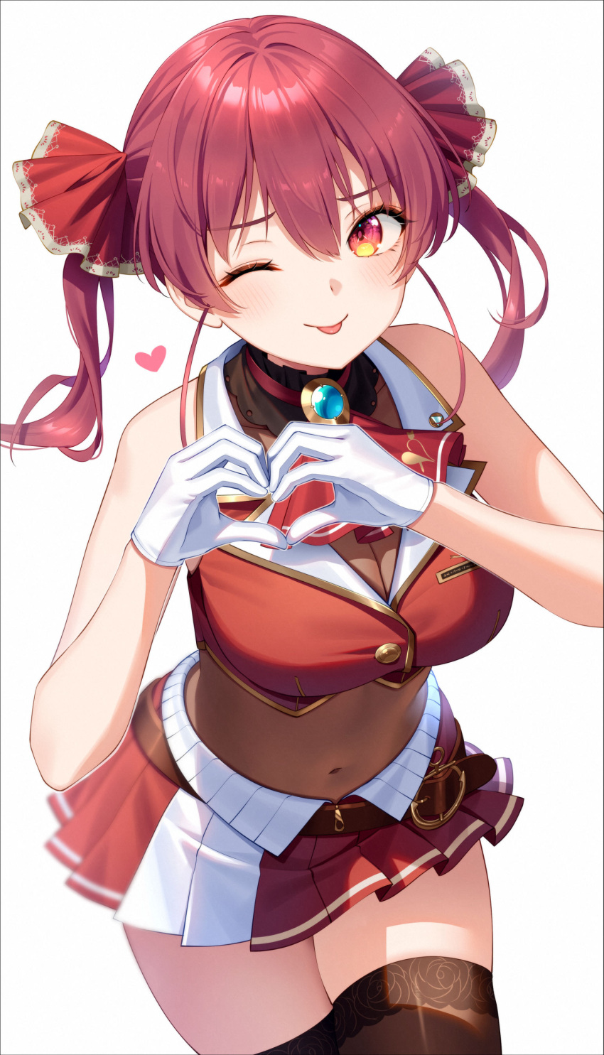 1girl absurdres belt blush breasts bshi_edayo crop_top gloves heart heart_hands highres hololive houshou_marine houshou_marine_(1st_costume) jewelry large_breasts looking_at_viewer navel one_eye_closed red_eyes red_hair red_shirt red_skirt shirt skirt smile solo stomach tongue tongue_out twintails virtual_youtuber white_gloves