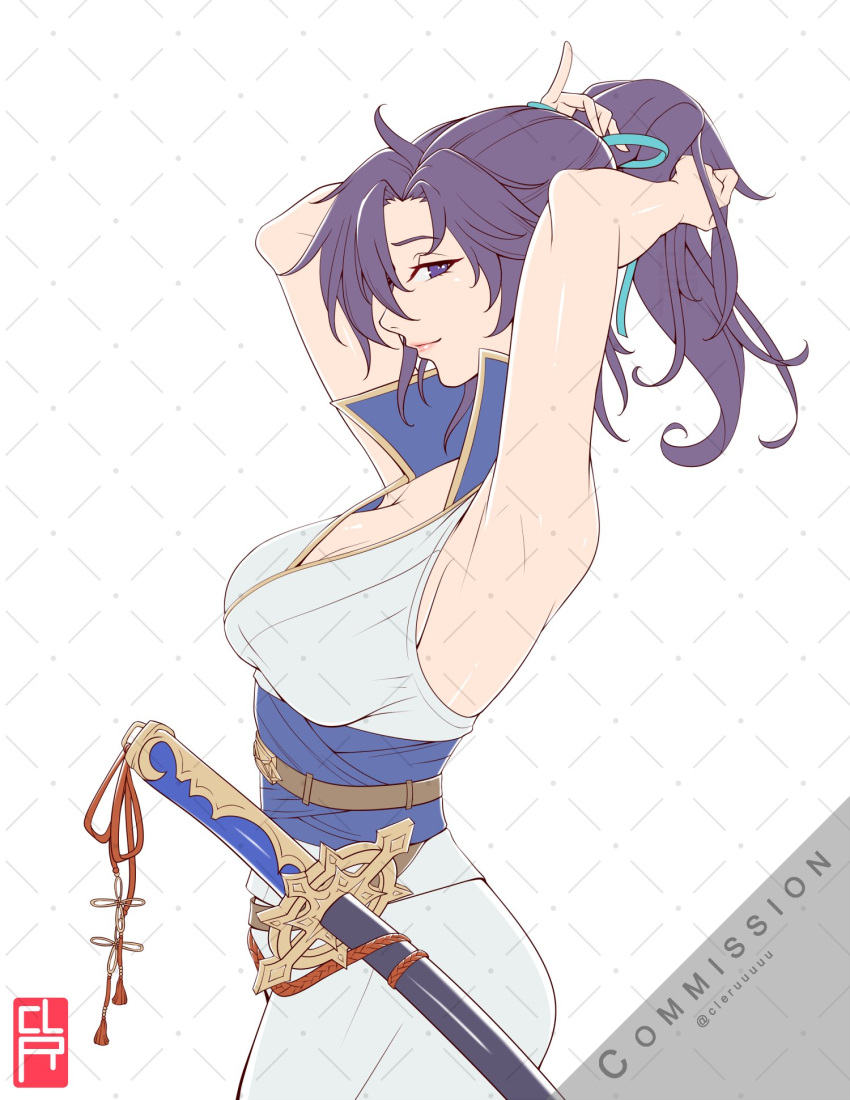 1girl armpits arms_behind_head artist_name belt breasts cleavage cleru_(cleruuuuu) commission english_commentary fir_(fire_emblem) fire_emblem fire_emblem:_the_binding_blade hair_over_one_eye highres large_breasts ponytail purple_eyes purple_hair short_hair smile solo sword tying_hair weapon white_background