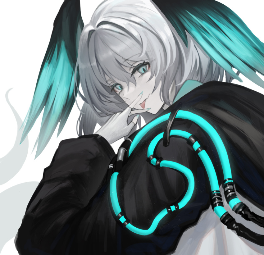 1girl aer7o aqua_eyes aqua_nails aqua_wings arknights black_wings coat fingerless_gloves gloves grey_hair hair_between_eyes head_wings ho'olheyak_(arknights) long_sleeves looking_at_viewer multicolored_wings nail_polish simple_background solo tongue tongue_out upper_body white_background white_gloves wings