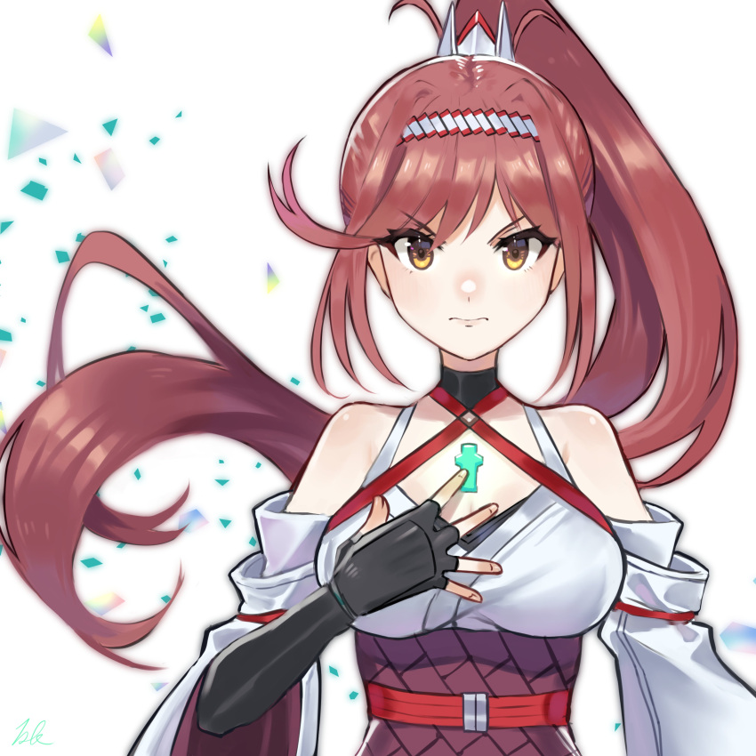 1girl absurdres bare_shoulders black_gloves chest_jewel detached_sleeves fingerless_gloves glimmer_(xenoblade) gloves green_eyes hand_on_own_chest high_ponytail highres japanese_clothes kimono kyosuke1413koba looking_at_viewer ponytail red_hair solo v-shaped_eyebrows wavy_mouth white_background xenoblade_chronicles_(series) xenoblade_chronicles_3