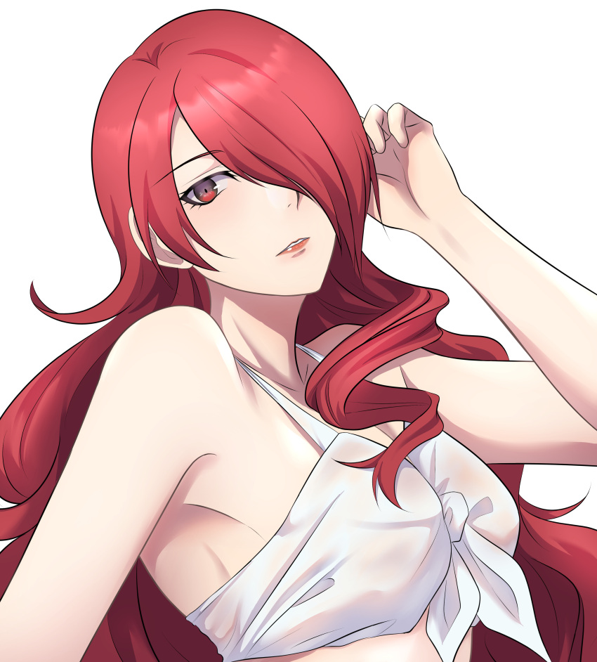 1girl absurdres arm_up beardedpotatosu bikini breasts cleavage collarbone hair_over_one_eye highres kirijou_mitsuru long_hair looking_at_viewer persona persona_3 pink_lips red_eyes red_hair simple_background solo swimsuit upper_body white_background white_bikini