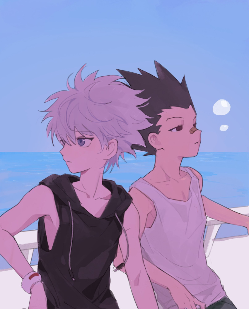 2boys bandaid bandaid_on_face bandaid_on_nose black_hair black_hoodie blue_eyes closed_mouth day gon_freecss grey_hair highres hood hood_down hoodie hunter_x_hunter kiko killua_zoldyck male_focus multiple_boys ocean outdoors railing red_eyes sky sleeveless sleeveless_hoodie spiked_hair tank_top upper_body white_tank_top