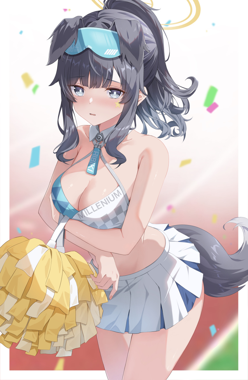 1girl absurdres animal_ears bare_shoulders black_hair blue_archive blue_eyes blush breasts cheerleader confetti cowboy_shot crop_top dog_ears dog_girl dog_tail eyewear_on_head halo hibiki_(blue_archive) hibiki_(cheer_squad)_(blue_archive) highres holding holding_pom_poms long_hair looking_at_viewer millennium_cheerleader_outfit_(blue_archive) official_alternate_costume open_mouth pom_pom_(cheerleading) ponytail ribbon shinshia_(sinsia_0928) sidelocks skirt solo standing star_sticker sticker_on_face tail text_print white_skirt yellow_halo