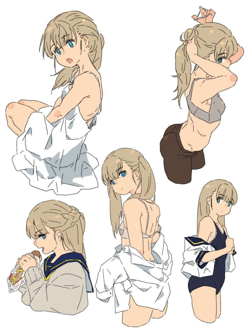 1girl adjusting_hair arms_between_legs arms_up bare_shoulders breasts bright_pupils cropped_legs dress eating food from_behind highres holding holding_food long_hair looking_at_viewer looking_back m_k multiple_views off_shoulder open_mouth original school_uniform shirt simple_background small_breasts standing swimsuit twintails tying_hair undressing white_background white_dress white_shirt