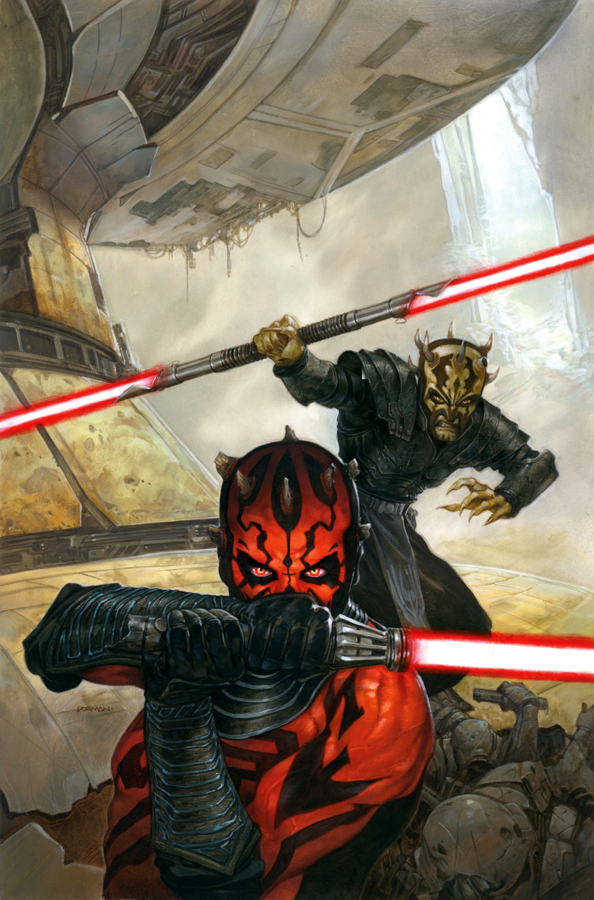 2boys absurdres alien armor bad_source black_gloves brothers colored_skin double_bladed_lightsaber energy_sword gloves highres holding_lightsaber horns lightsaber looking_at_viewer multiple_boys red_eyes red_lightsaber red_skin siblings sith star_wars sword tattoo teeth weapon yellow_skin zabrak