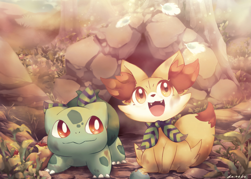 absurdres animal_focus bright_pupils bulbasaur cave claws closed_mouth falling_feathers fangs fennekin fushigi_no_dungeon haineko_05 highres mixed-language_commentary neckerchief no_humans nostrils open_mouth orange_eyes outdoors plant pokemon pokemon_(creature) pokemon_(game) pokemon_mystery_dungeon red_eyes rock signature sitting striped_neckerchief white_pupils