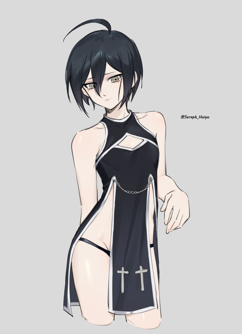 1boy absurdres ahoge alternate_costume artist_name bare_arms bare_shoulders black_dress black_hair black_panties brown_eyes cleavage_cutout clothing_cutout cropped_legs danganronpa_(series) danganronpa_v3:_killing_harmony dress ewa_(seraphhuiyu) grey_background hand_up highres panties saihara_shuichi shiny_skin short_hair simple_background solo underwear