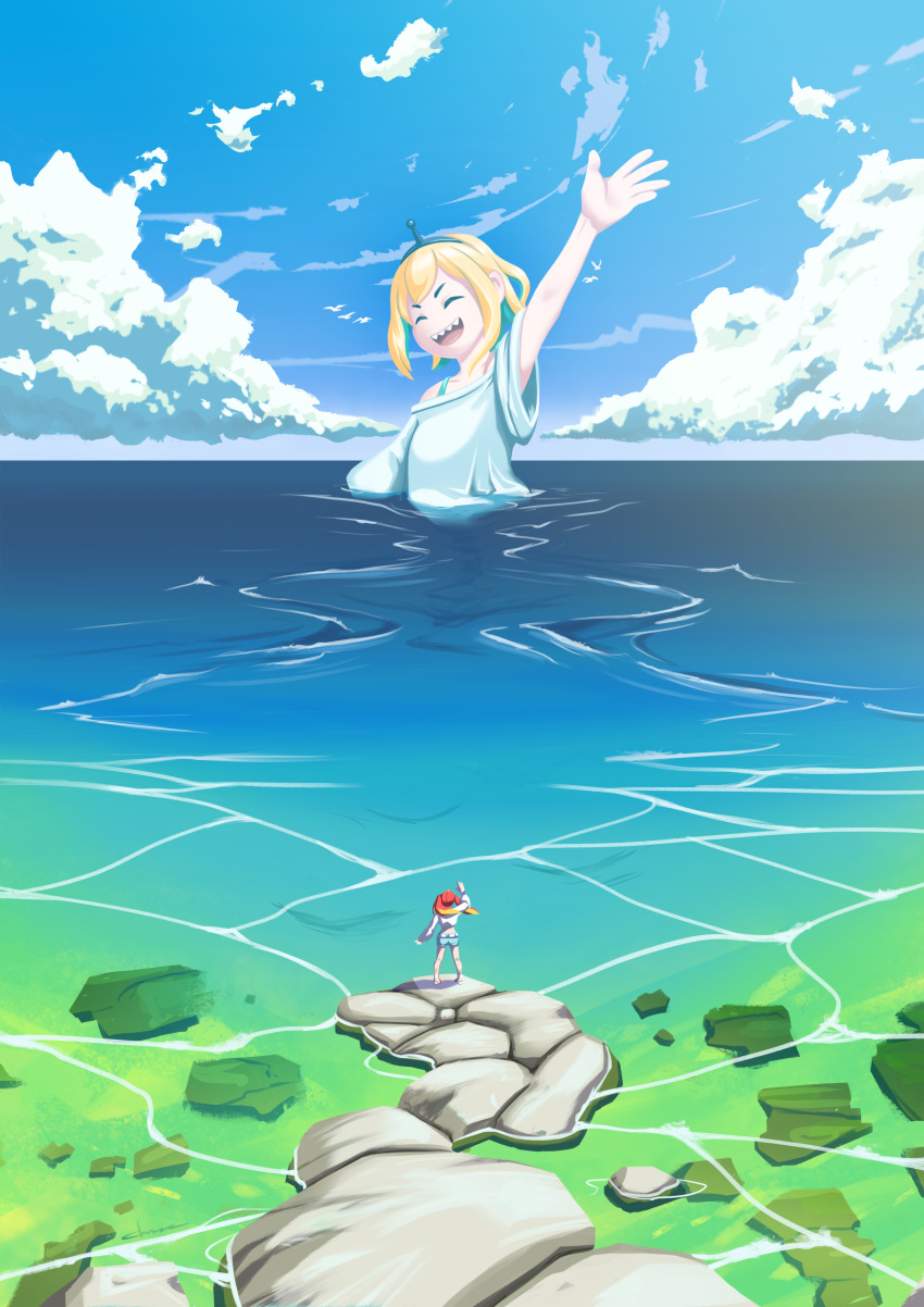 2girls :d ^_^ absurdres amano_pikamee arm_up beach bird black_hairband blonde_hair blue_shorts blue_skirt closed_eyes cloud colored_inner_hair commentary english_commentary from_behind giant giantess green_hair hairband hand_up highres hikasa_tomoshika horizon long_sleeves multicolored_hair multiple_girls ocean off-shoulder_shirt off_shoulder partially_submerged putridcheese red_hair rock sharp_teeth shirt shorts skirt sleeves_rolled_up smile teeth twintails upper_teeth_only virtual_youtuber voms waving white_shirt wide_sleeves