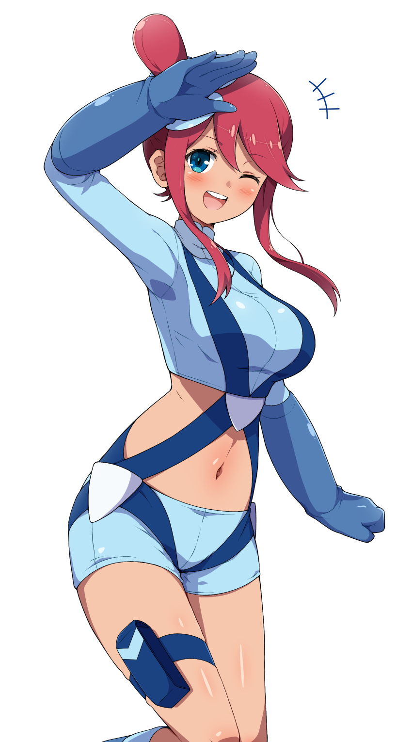 1girl ;d absurdres blue_eyes blue_gloves blue_shorts blush breasts crop_top eggman_(pixiv28975023) gloves highres holster large_breasts long_sleeves navel one_eye_closed one_side_up pokemon pokemon_(game) pokemon_bw red_hair salute short_shorts shorts sidelocks simple_background skyla_(pokemon) smile stomach suspenders tan teeth thigh_holster thigh_strap thighs turtleneck upper_teeth_only white_background